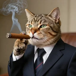 cat wearing a suit smoking a cigar
