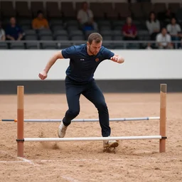 a man dodging obstacles in an arena