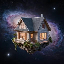 a house floating on space galaxy