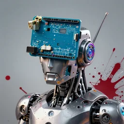 Beautiful Photo of Arduino Uno in the robot's head. cyborg man. Cyberpunk. splatterpunk. 4K