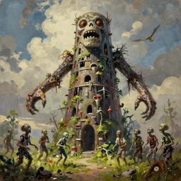 towering giant made of zombies, Midwest countryside, award-winning fantasy art, Oil Painting