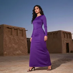 low shot photo of feminine and lean arab woman wearing a long purple dress, strutting and looking fierce, with najdi mud houses in the background, early evening, starry sky, in the style of annie leibovitz amd steve meiele