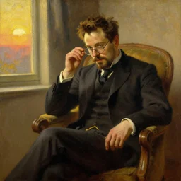 oil painting of tony stark wiping his glasses, sitting in an armchair in a room with the setting sun, by caspar david friedrich and claude lorrain, golden hour