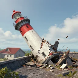 an destroyed lighthouse falling down into a rooftop, artstation, matte painting, hyperrealistic, Unreal engine 8k, digital art
