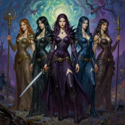 attractive female assassins of the dark, mystic monster, character design, tales of earthsea, sky witch, colorful, painting's by gaston bussiere, craig mullins, j. c. leyendecker, tom of finland