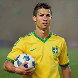 portrait of ronaldo nazario holding a soccer ball, wearing the brazil soccer shirt, painting by rembrandt, high quality, very beautiful, detailed, 4 k