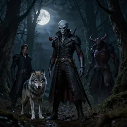 dark woods at night, an alien smoking a pipe, a wolf by their side, a full moon by hr giger, greg rutkowski, luis royo and wayne barlowe as a diablo, resident evil, dark souls, bloodborne monster : : hyper realistic, ultrarealistic, realism, photoreal, 8 k : :
