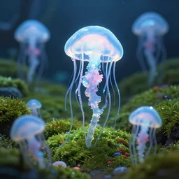 moss garden of ice jellyfishes. award - winning 3 d anime by an indie studio, heavily stylized, rimlighting, depth of field, limited but vibrant palette, impressionism, chiaroscuro, bokeh.