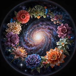 An epic fantastic realism comic book style painting of the most beautiful spiraling  flowers launched across the dark and starry galaxy, floating bouquets, fisheye lens, unreal 5, DAZ, hyperrealistic, octane render, dynamic lighting
