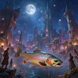 stunning fantasy scene of a trout in otoh gunga city from star wars | highly detailed | very intricate | disney | otoh gunga city star wars | otoh gunga city | dramatic romantic epic breathtaking whimsical magical | bokeh moon stars | professional cinematic lighting award winning | painted by marc simonetti, anton fadee, paul lehr, rhads, alena aenami