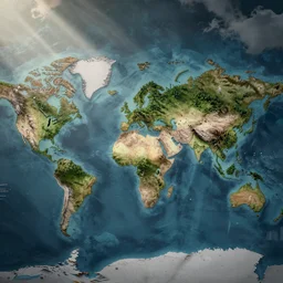 a world map for a new fantasy land, topographical view with forests, lakes, oceans, seas, mountains, and other terrains