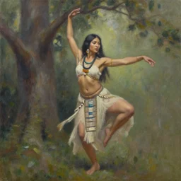 a portrait of a dancing female warrior shaman, under a tree, oil on canvas, by jeffrey catherine jones