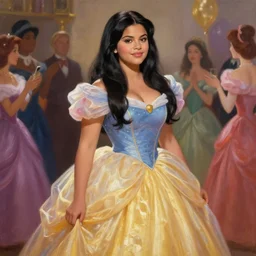 beautiful thirty year old woman with long black hair, tan skin, curvy hourglass figure, round cute face, slightly resembles selena gomez wearing a colorful disney princess gown at her birthday party. beautiful painting by artgerm and greg rutkowski and lois van baarle