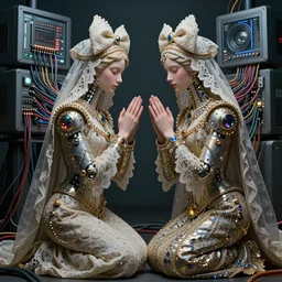 a complex concept art ultra detailed of two baroque catholic veiled perfect female face android queens kneel and pray with lots of electric cable behind them connected to giant computer,bowknot, fine lace, GUCCI, sparkling, jewel embellishment, film lighting, by Andrei Riabovitchev,Stanely Artgerm, Tom Bagshaw, Andrei Riabovitchev, aaron horkey, trending on pinterest, full of color, mythological, high detailed,golden ratio,cinematic lighting