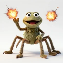 a high quality photo of a strange insectoid muppet god with furry fuzzy body and many segmented legs and hypnotic eyes, explosions in the background, absurdist fantasy, sharp focus, vibrant, vivid, symmetry, highly detailed, cinematic, intricate lines, concept art by giger, lisa frank, wayne barlowe