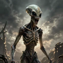 humanoid with crooked teeth, black eyes, long gaping mouth, alien looking, big forehead, horrifying, killer, creepy, dead, slightly realistic, monster, tall, skinny, skullish, deathly, in the style of alfred kubin