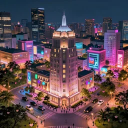 city, building, cars, neon lights, night time, park, people, happy town,  by Goro Fujita and Simon Stalenhag , 8k, trending on artstation, hyper detailed, cinematic