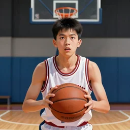portrait of a boy at a basketball court playing basketball wearing a basketball jersey in a basketball court standing near the basketball hoop, intense emotion, detailed facial expression, detailed surroundings, intricate, elegant, highly detailed, centered, digital painting, artstation, concept art, smooth, sharp focus, illustration, by (Steven Spielberg), WLOP
