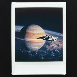 aged polaroid analog photo of a planet in space and alien spacecraft, detailed clouds, warm azure tones, red color bleed, film grain