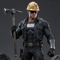 coal miner man, marvel superhero!!, coal dust, hard hat, pickaxe, super suit, fanart, digital art, distinct, vivid, octane render, volumetric lighting, ray tracing, detailed