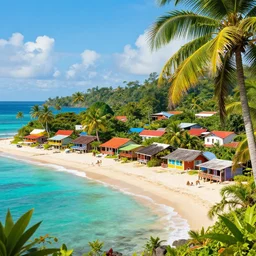 a village on a tropical island, very colorful, beach, palms, photorealistic, trending on artstation