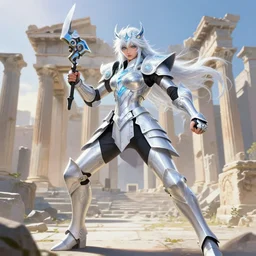 dueling, kickboxing, battle stance, wielding sci - fi melee weapons in ruined agora of athens sunrise, white hair knights of zodiac girl matt white ice color armor, intricate and elegant, highly detailed, digital painting, artstation, concept art, illustration, art by tian zi and wlop and alphonse mucha
