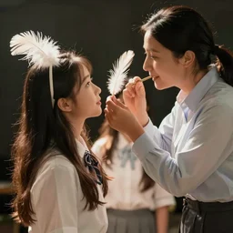 a teacher teasing the baresoles of a coed girl with a feather