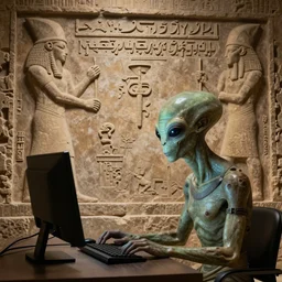 an alien working on a computer, ancient sumerian stone wall carving, hyper - realistic, extremely detailed
