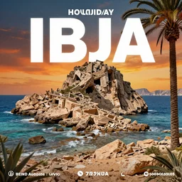 a poster for a holiday in ibiza, where the island is damaged due to global heating