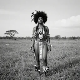 very old 1 7 0 7 photo of beautiful young black woman with afro with feathers in hair, wearing native american clothing, hyper realism, wide angle lens, photo real, black and white, jose vagara, photographed by thomas easterly, full body in frame,,