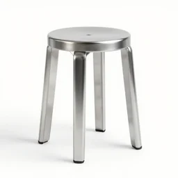 realistic rendering for stool, brutalism style stool, material is glossy steel, white backround
