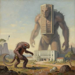 artwork by john james of a creature and building with a large, very visible humanoid and visible terrain, unique and interesting composition,