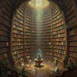 \'Inside The Infinite Library\', a beautiful fantasy painting by greg rutkowski and Santeri Soininen, trending on artstation