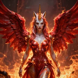 woman - unicorn horn hybrid red angel wings, fire, fiery scenery, symmetric portrait, sparky metallic, unreal engine 5, cinematic lights, high detail, fantasy classic digital art, botticelli style