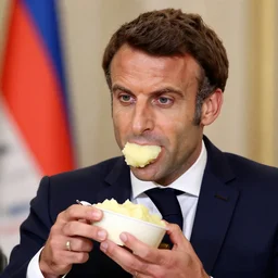 Emmanuel macron with a mouth full of mashed potatoes