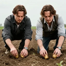 keanu reeves and johnny depp planting potatoes in belarus, instagram photo, photorealistic, hyper detailed, hyper realistic, houdini, vfx, unreal engine 5, octane render, 8 k