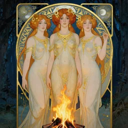 Kiernan shipka as the three graces, a beautiful art nouveau portrait by Gil Elvgren and Gerald Brom, Moonlit forest environment bonfire, centered composition, defined features, golden ratio, golden jewelry