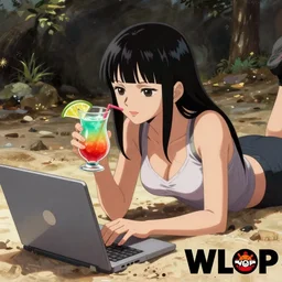 One Piece anime key visual of a classical oil painting of female copywriter with bangs laying on a beach, working on her laptop, sipping a mai tai, official media from my hero academia, by WLOP