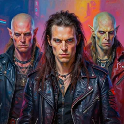 apocalyptic scifi orcish biker characters posing for a professional photo, psychedelic vibrant colors, futuristic punk rock fashion, highly detailed oil painting by michael whelan art, perfect face, sharp focus, detailed eyes, realistic, long hair, leather jacket, 8 k