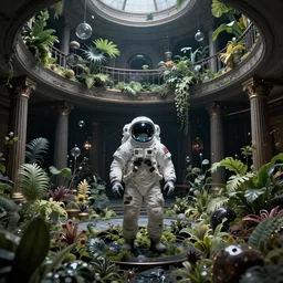 masterpiece trending on artstation, An astronaut alone inside an empty dark flooded ballroom overgrown with aquatic plants, by Greg Rutkowski Thomas Kincade, concept art