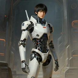 wide shot portrait of a young male japanese cyberpunk android with robot and cyborg parts, artwork by adolph menzel, star wars production design