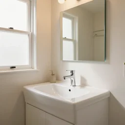 the bathroom was pristine and shiny. the warm light shone through the windows and everything was clear of any smudge or grime, trending on artstation