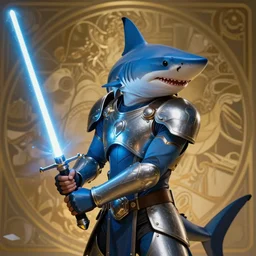 blue thresher shark man wearing chestplate, holding a lightsaber, fantasy, wonderful masterpiece highly detailed, scifi, beautiful cinematic light deep focus, elegant, digital painting, smooth, sharp focus, golden ratio, dramatic illumination, ultra realistic, 8 k, art by ilya kuvshinov, artgerm, alphonse mucha, and greg rutkowski