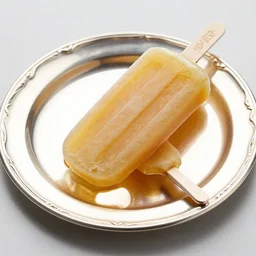 a luxurious golden popsicle served on a fine silver plate, professional photograph