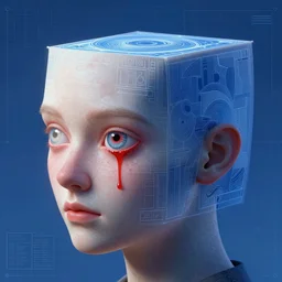 portrait of cube shaped head with single giant bloodshot eye, in the style of Greg Broadmore and Arthur Rackham,trending on artstation, light lighting side view,digital art,surrealism ,macro,blueprint ,vaporwave ,