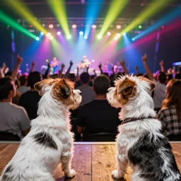 two terrier dogs, watching a pop concert, bright colorful lights, crowded, excited atmosphere, digital art, concept art, trending on artstation, cinematic lighting, giger, beksinski, barlowe