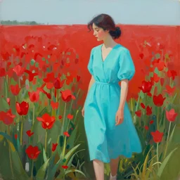 a painting of a woman in a cyan dress standing in a field of red flowers by craig mullins, trending on artstation, color field, concept art, artstation hd, matte drawing