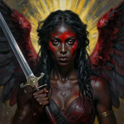 portrait of the god of death, beautiful female face, angelic, black woman, dark, blood, by jeremy mann, by lucian freud, oil painting, god rays, female warrior, warrior face painting red, wings, holding a weapon, intricate, highly detailed, trending on artstation, award winning, cinematic