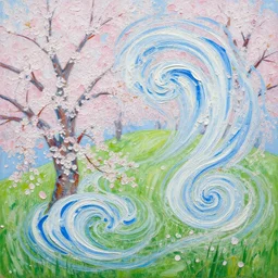 impasto acrylic painting of white and blue swirls on a green hill of cherry blossoms, a detailed painting by jeffrey smith and dan mumford, rhads, deviantart, analytical art, math art, impressionism and expressionism, strong emotional impact, bold pastel colors, expressive brushstrokes, overall sense of movement in the composition, detailed painting