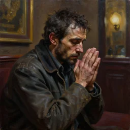depressing oil matte portrait painting, homeless man pleading to new york city hotel connoisseurs for a room, wonderful masterpiece highly detailed, beautiful cinematic light deep focus, dark, digital painting, smooth, sharp focus, golden ratio, dramatic illumination, ultra realistic, 8 k, art by jimmy law and nathan walsh